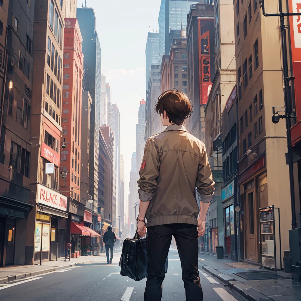 One man with short brown hair stands with his back to the city.