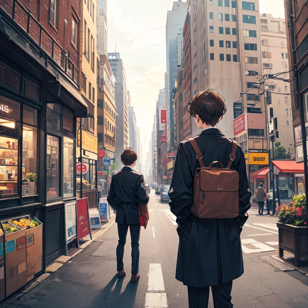 One man with short brown hair stands with his back to the city.