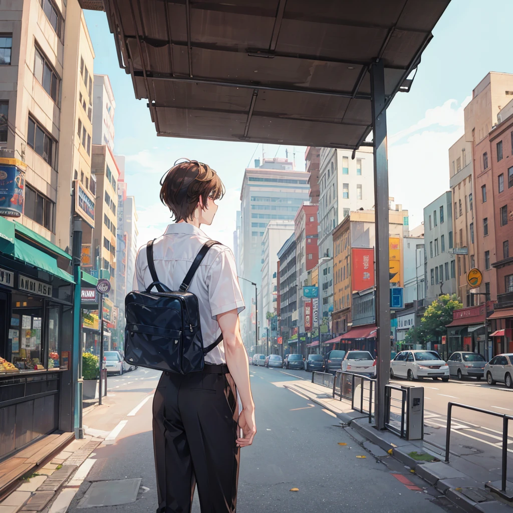 One man with short brown hair stands with his back to the city.