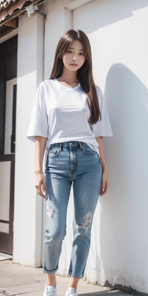 (full body:1.3), 1girl, long hair, ((Wearing a white T-shirt:1.5)), Wearing denim pants, Highest quality, figure, Super detailed, Fine details, High resolution, 8k wallpaper, Perfect dynamic composition, Beautiful attention to detail, A woman with a slightly young face, Hori's pale face, Small and cute nose, Baby Face, cute double, round face, Baby Face, Eyes slightly apart, Brown hair long, Has bangs, Small breasts and natural lips, smile, Harajuku, 20-year-old girl, 白いTシャツを着てロング丈のWearing denim pants, Brown hair longで胸下まである長さの髪の毛, The shoes worn are sneakers