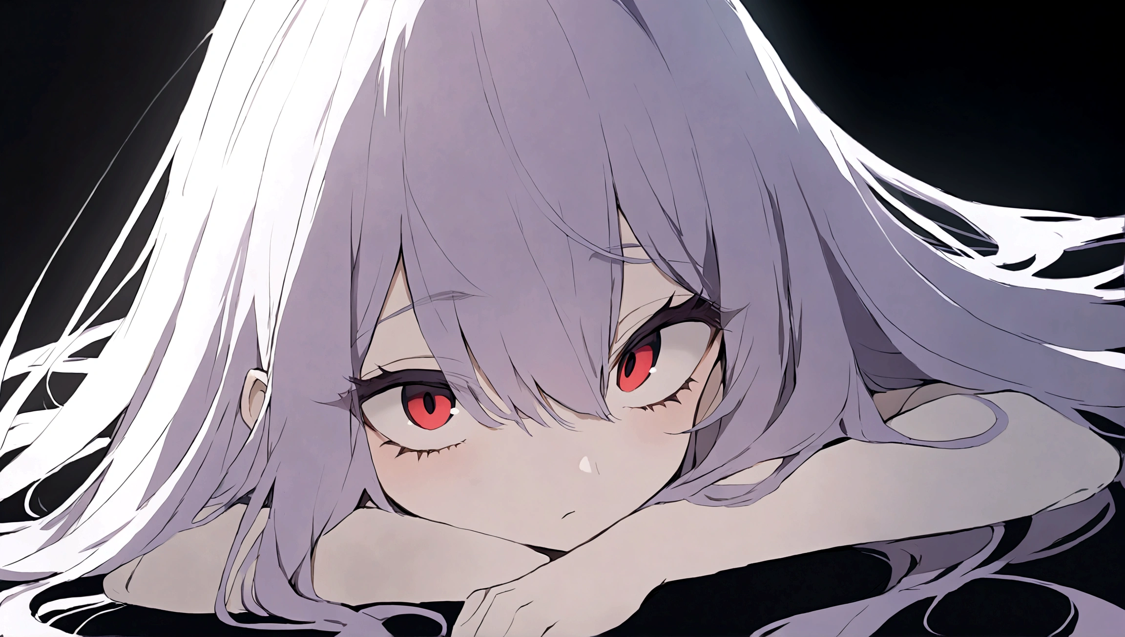 Girl falls to the ground(Sketches) ,Pale red eyes(Big Eyes:1.2), ,Long purple hair(Semi-long hair:1.4)(eye shadow:1.3)(Eyelashes:1.2)(Black Background)