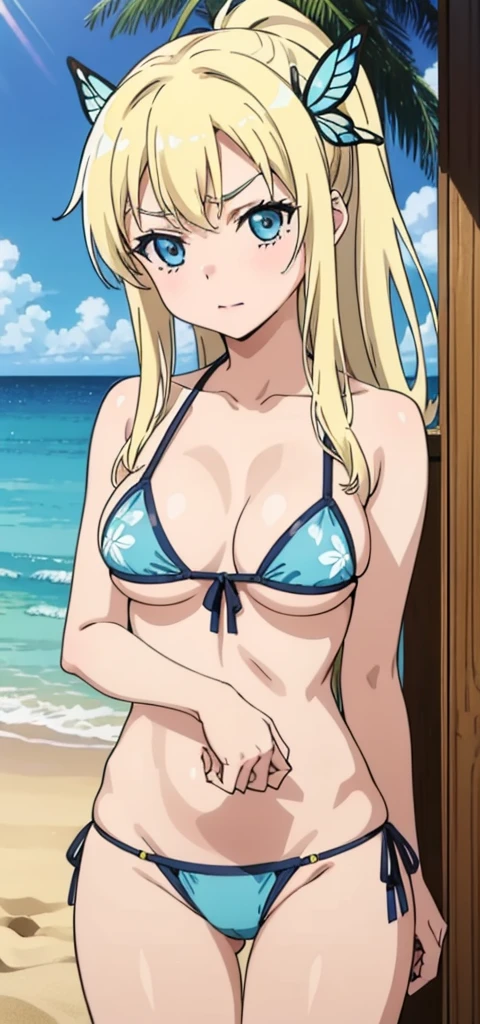 Seina Kashiwazaki, 1girl in, a blond, ponytail, butterfly hair ornament, (medium breast), Light blue micro bikini, (cowboy_shot), sand beach