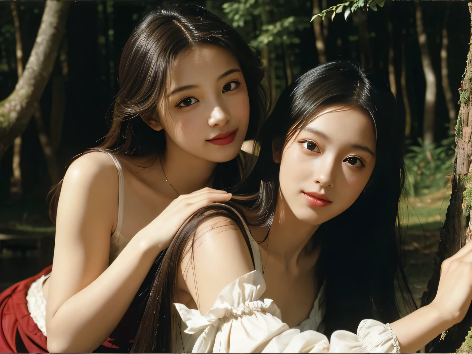 Giorgione painting style,Barbizon forest A beautiful woman in Greek dress smiles on the shore,Sweet and seductive appearance.、Caravaggio's paintings、Chiaroscuro of Caravaggio、hair tousled by the wind,Two women frolicking,cute smile, expression of ecstasy,Sexy,erotic, full body portrait