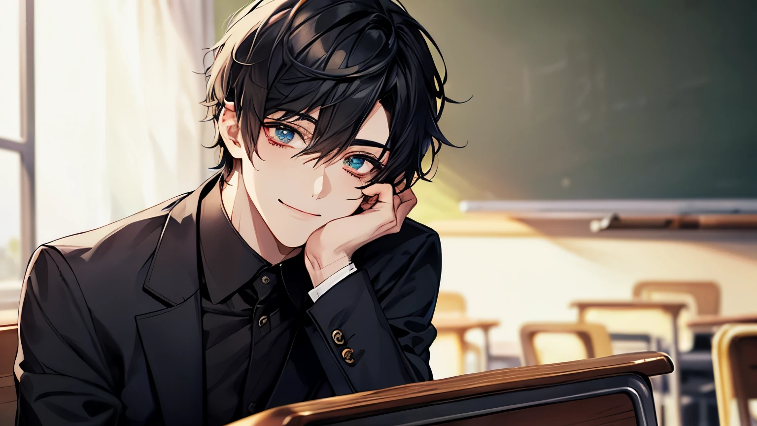 For men,Short fine hair,Black Hair,(Purpose 1:2,Clear Eyes,A sophisticated eye,Delicate eyes,Good Eyes,Eye details),Face Focus,Adult,Black Suit,Highest quality,Facial details,classroom,Sit at a desk,Sitting on the couch,sloth,Detailed Background,Diffused sunlight,Depth of written boundary,study Smiling at the desk