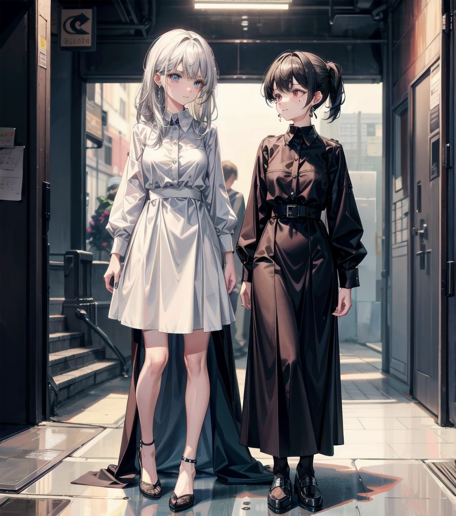 full body, medium hair, medium tits, tearful mole, earring, collared shirt dress,