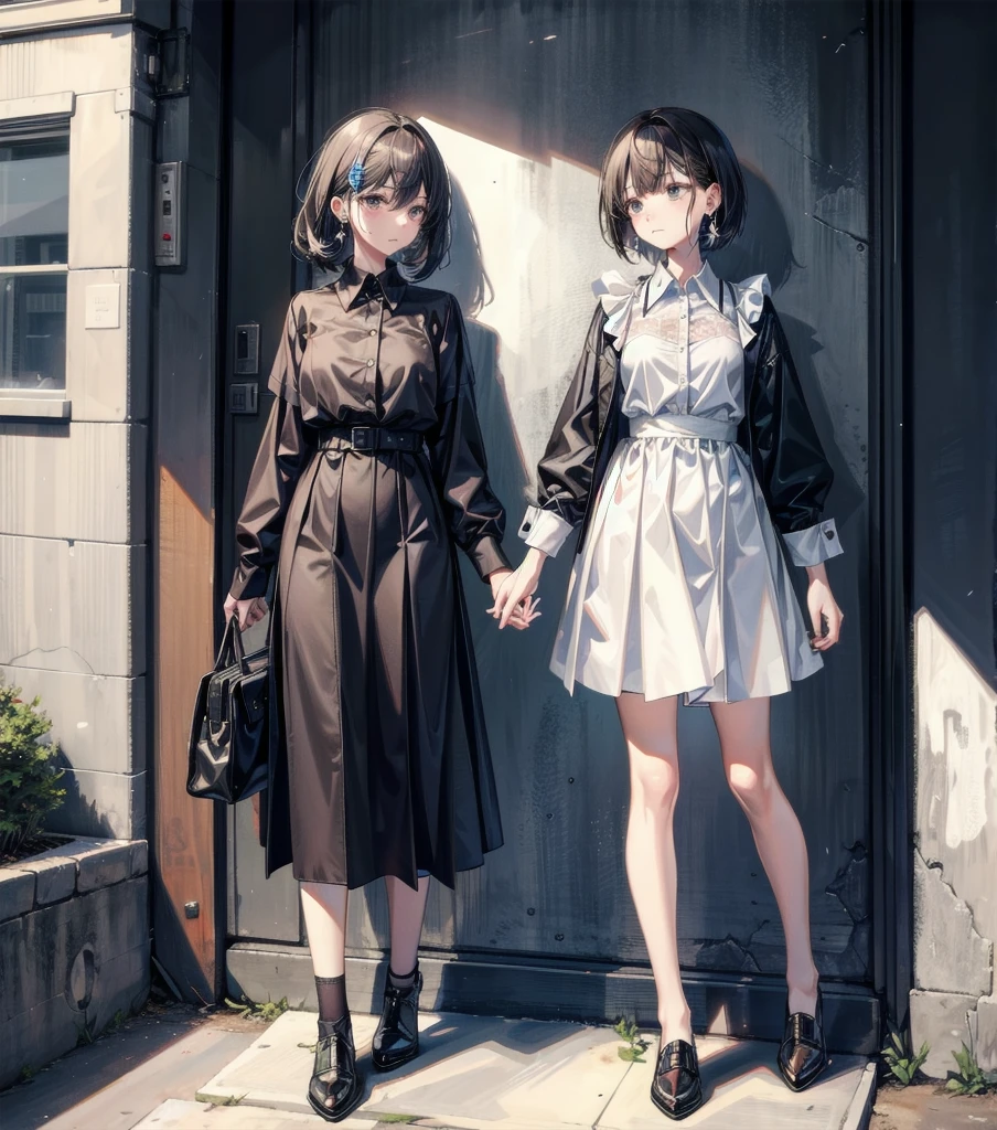 full body, medium hair, medium tits, tearful mole, earring, collared shirt dress,