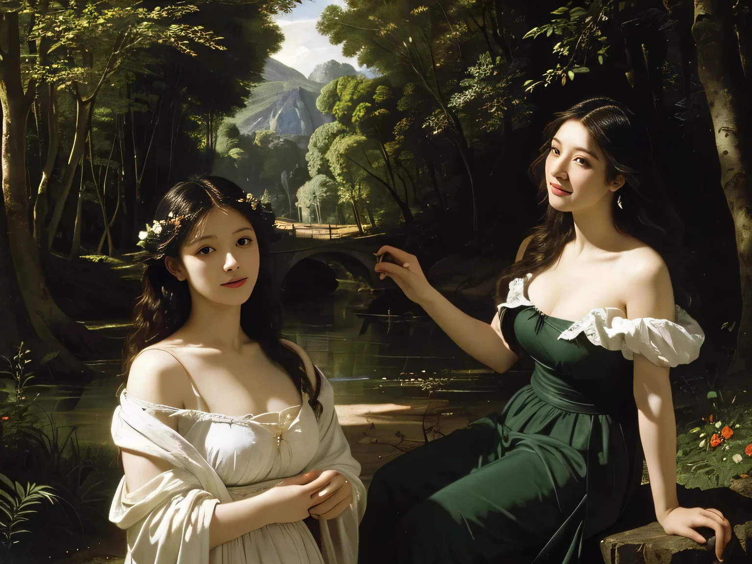 Giorgione painting style,Barbizon forest A beautiful woman in Greek dress smiles on the shore,Sweet and seductive appearance.、Caravaggio's paintings、Chiaroscuro of Caravaggio、hair tousled by the wind,Two women frolicking,cute smile, expression of ecstasy,Sexy,erotic, full body portrait
