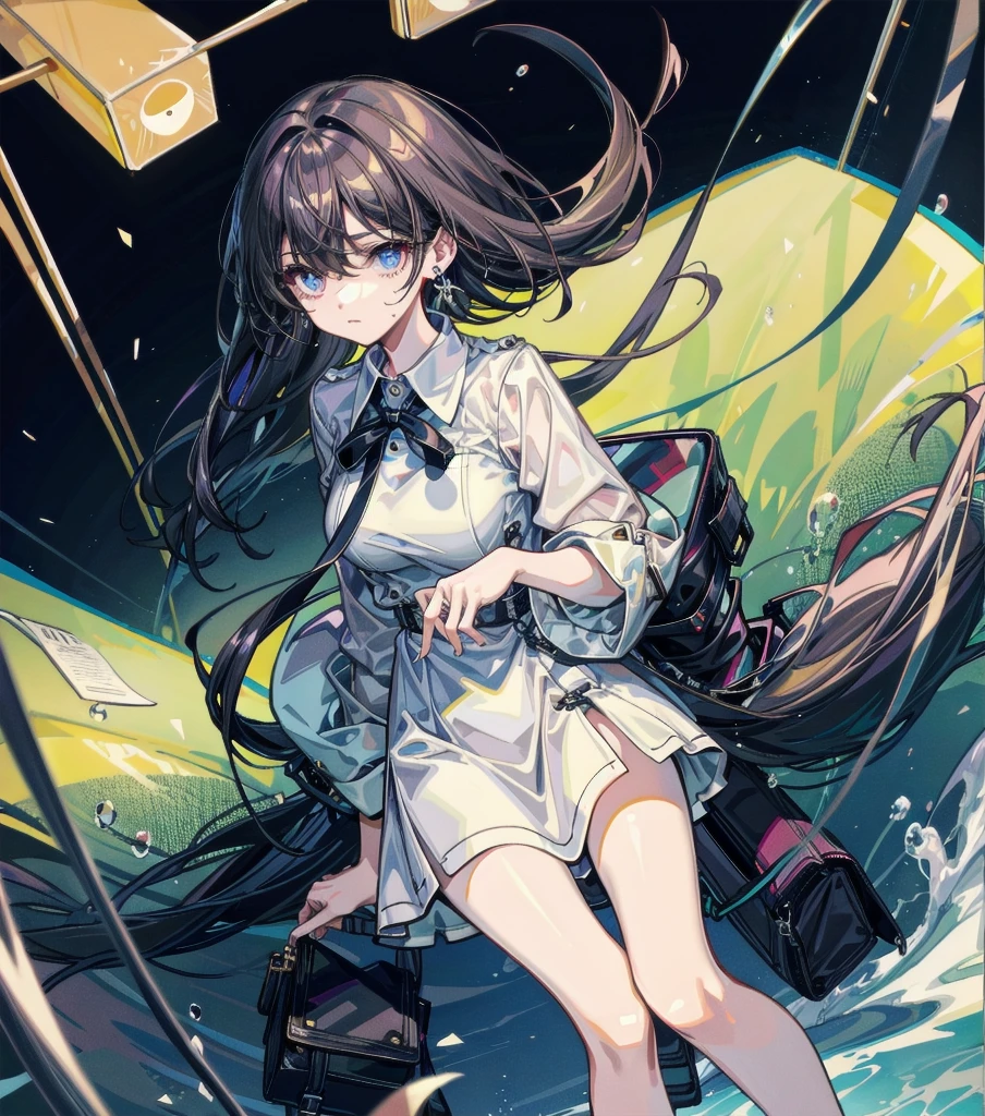 full body, medium hair, medium tits, tearful mole, earring, collared shirt dress,