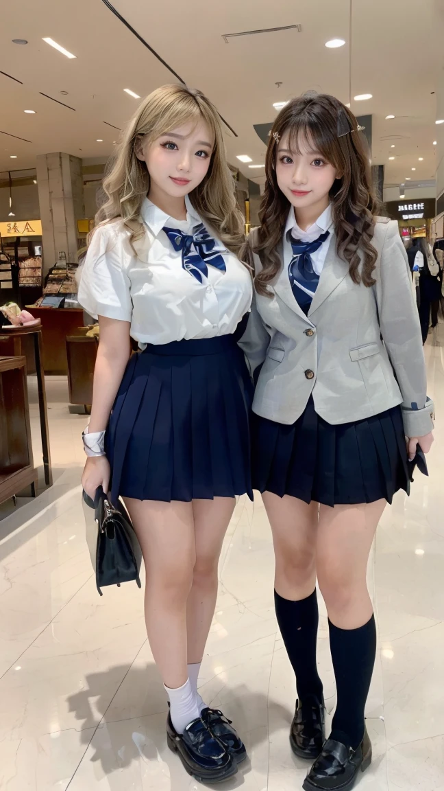 (scene; (2 people:1.8)), Gal, (女子高校生2 people), (Shopping mall, Shopping Street, street, Outdoor), (こちらを向いてAre standing, Full body portrait, Photograph the whole body, Full-body image, Are standing, With legs spread, Doing sexy poses), (Thin thighs, Long, slender limbs, Small waist), ((Highly detailed skin), Beautiful realistic face, White skin, Pointed Chest, Perfect Anatomy, Realistic eyes, Natural Eyes, Brown eyes, Accurate eye focus, Accurate limbs), (Hyper Realist, Ultra-realistic, 4k, Attention to detail, Ultra-high resolution, Highest quality, masterpiece, Presence, dynamic, Uplifting, bold, Sharpness), (Huge breasts:1.5, Cleavage:1.5), (Blonde long hair:1.5, Wavy long hair:1.5, Curly Hair:1.5), (sleek bangs), (Twin tail hair), (White collared shirt, Pleated mini skirt, Navy colored socks, Black loafers, Ribbon tie), High school girl in uniform, Surreal high school girl, tall, High school girls in uniform, smile, Cleavageを強調, Sexy panties are visible, (Are standing女子高校生が2 people:1.8),