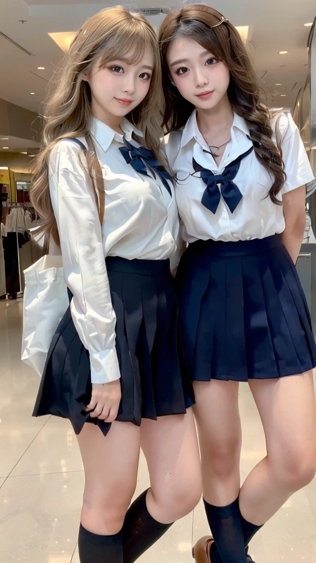(scene; (2 people:1.8)), Gal, (女子高校生2 people), (Shopping mall, Shopping Street, street, Outdoor), (こちらを向いてAre standing, Full body portrait, Photograph the whole body, Full-body image, Are standing, With legs spread, Doing sexy poses), (Thin thighs, Long, slender limbs, Small waist), ((Highly detailed skin), Beautiful realistic face, White skin, Pointed Chest, Perfect Anatomy, Realistic eyes, Natural Eyes, Brown eyes, Accurate eye focus, Accurate limbs), (Hyper Realist, Ultra-realistic, 4k, Attention to detail, Ultra-high resolution, Highest quality, masterpiece, Presence, dynamic, Uplifting, bold, Sharpness), (Huge breasts:1.5, Cleavage:1.5), (Blonde long hair:1.5, Wavy long hair:1.5, Curly Hair:1.5), (sleek bangs), (Twin tail hair), (White collared shirt, Pleated mini skirt, Navy colored socks, Black loafers, Ribbon tie), High school girl in uniform, Surreal high school girl, tall, High school girls in uniform, smile, Cleavageを強調, Sexy panties are visible, (Are standing女子高校生が2 people:1.8),