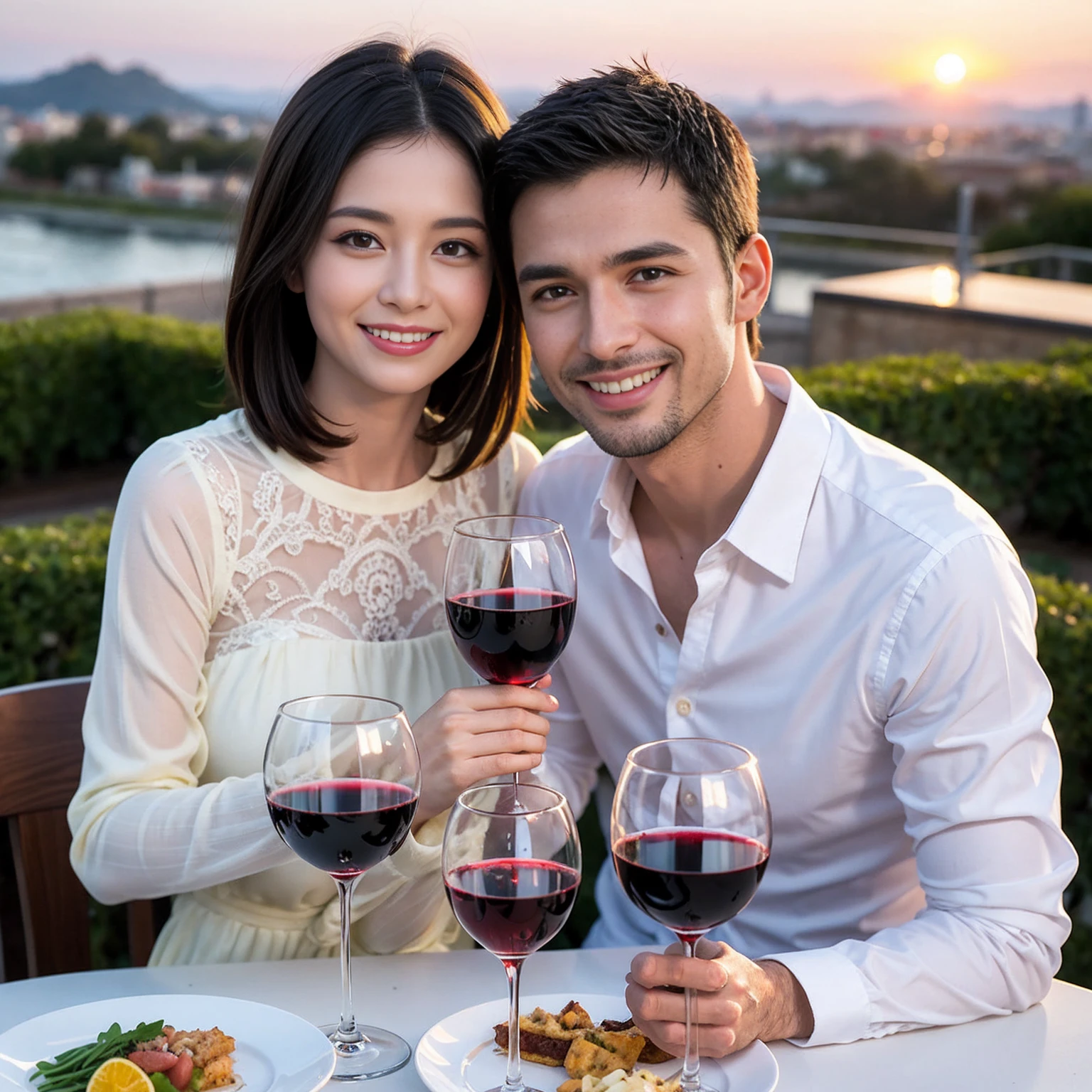 ((Highest quality、8k、masterpiece:1.3))、 (Genuineistic, Genuine、Bright image、Intricate details:1.2), Best smile 1 man 1 woman、Beautiful Couple、spouse、Couple、spouse、Beautiful Couple、Smile、full-course dinner、 (Slim face), (The body is slim), (Brown Hair), (short hair), テーブルの上のwine glass、Please shine a light on my face、 Amazing view of the sunset sky and clouds、 (Age 36), 41 years old, red wine 、Appetizers、Wine bottle、sparkling wine、Long sleeve shirt、dress、White wine, red wine, wine glass,
