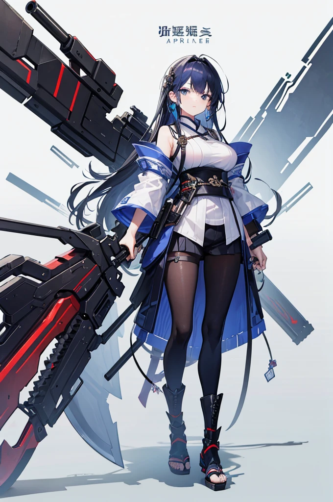 masterpiece, ultra detailed, 8k portrait, RAW photo, portrait photography, highly detailed face, beautiful and meticulous eyes, dark blue hair, long hair, blue eyes, white hair ribbon, green military uniform, green pleats mini skirt, white chest armor, white tights, half boots, spread legs, standing, (equip a beam sword:1.5), by the old castle, in mid night, from below