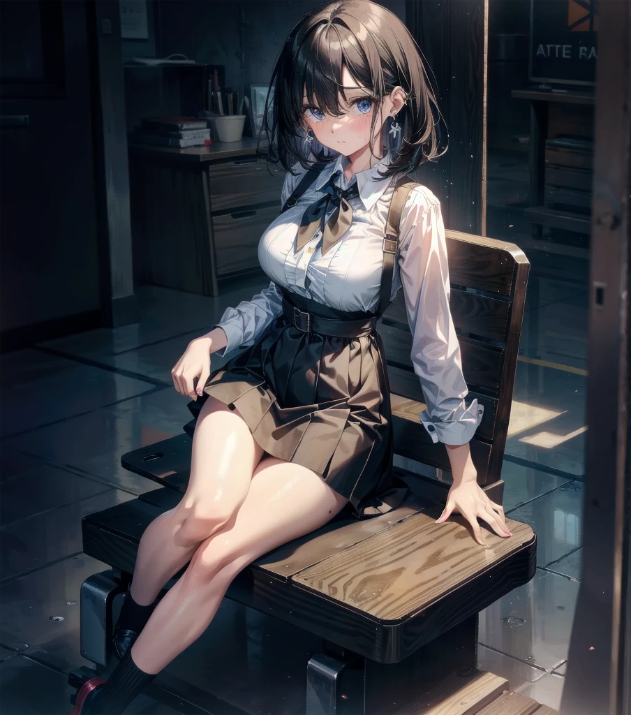 absurdres, RAW photo, extremely delicate and beautiful, masterpiece, Best Quality, ultra high resolution, 32k, hyperrealistic, ultra-detailed, in her 20s, delicate facial features, tearful mole, earring, medium breasts, full body shot, shorter middle hair, black hair, solo, alone, 1girl, ((school uniform)), blazer,