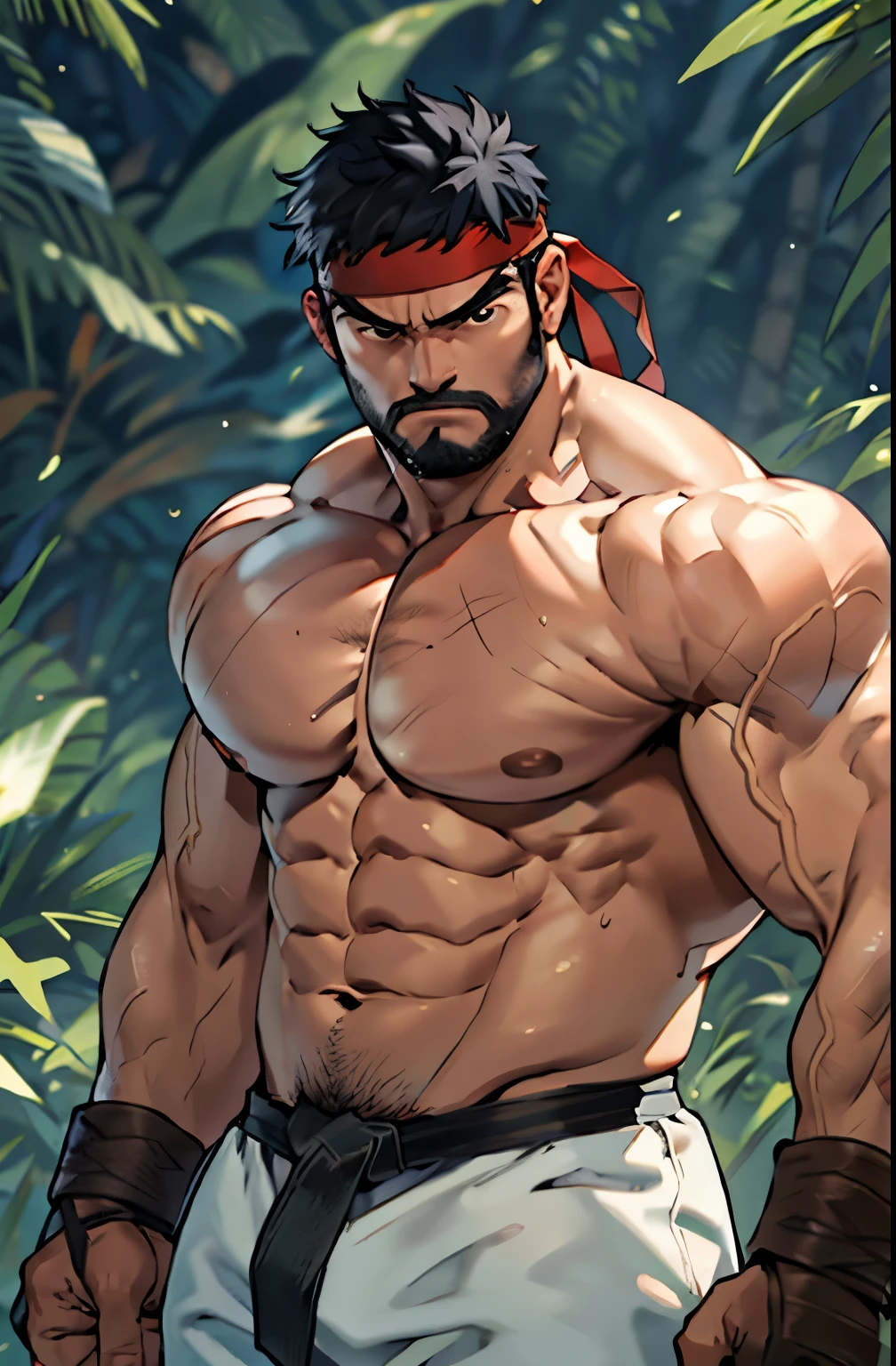 (masutepiece, Best Quality:1.2), Cowboy Shot, Solo, Male Focus, 1boy, Ryu \(nffsw\), Middle Age, Serious, determined face, White skin, Looking at Viewer, Black hair, Thick blackbeard, Detailed face, tall, hunk, broad shoulder, big physique, wounds, White dogi pants, Red headband, Fingerless gloves,macho,shirtless, detaileds,bulge