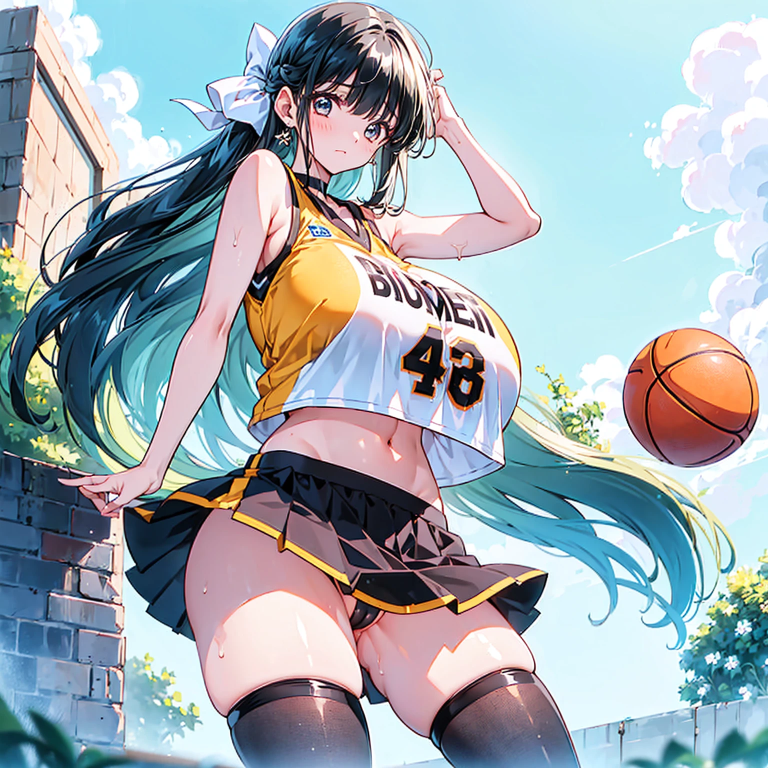 (gigantic breasts), (vulgarity)) ((large areolae)) (1girl), (vulgarity) (in heat) (sweat) (masterpiece) (high resolution)) (gigantic breasts),(1girl) beautiful girl,(cameltoe)(((gigantic breasts))),Basketball player a cartooned woman wearing a basketball jersey is holding a basketball in mid air, breasts, covered nipples, gigantic breasts, basketball, cameltoe, thighhighs, arms up, long hair, black hair, skirt, huge breasts, sportswear, skindentation, 1girl, partially visible vulva, solo focus,1girl, playing basketball, basketball court
