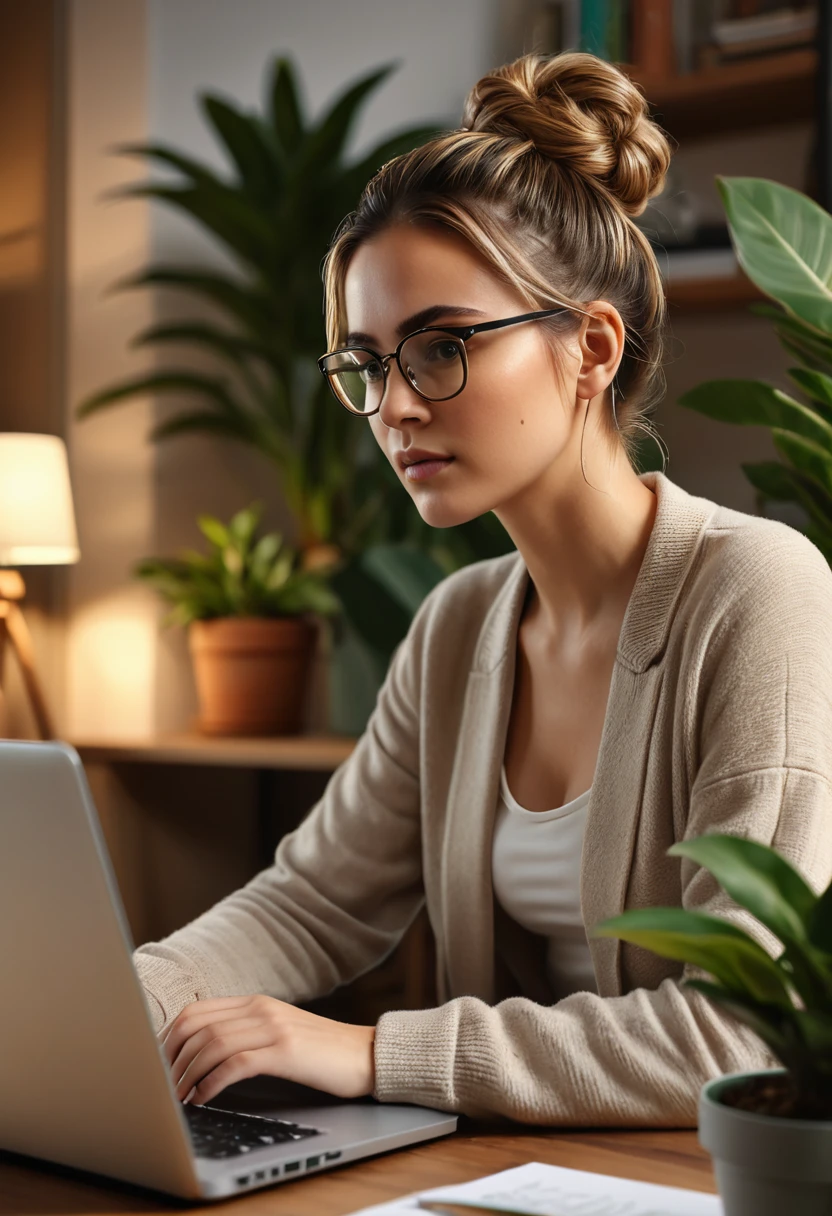 a young woman working on a laptop, home office setting, intricate details, photorealistic, cinematic lighting, natural colors, warm tones, detailed face, elegant hairstyle, casual outfit, focused expression, cozy atmosphere, clean desk, potted plants, warm wooden furniture, soft shadows, natural lighting, high quality, 8k, ultra-detailed, masterpiece