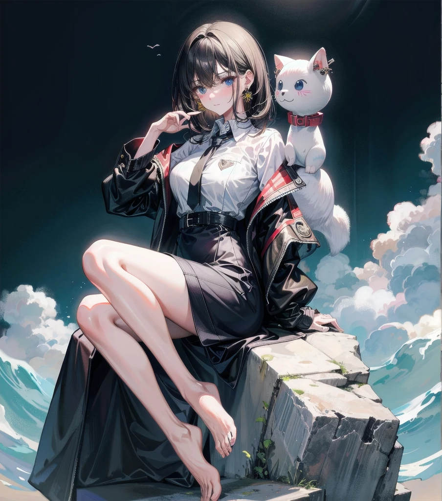 full body, medium hair, medium tits, tearful mole, earring, collared shirt dress,
