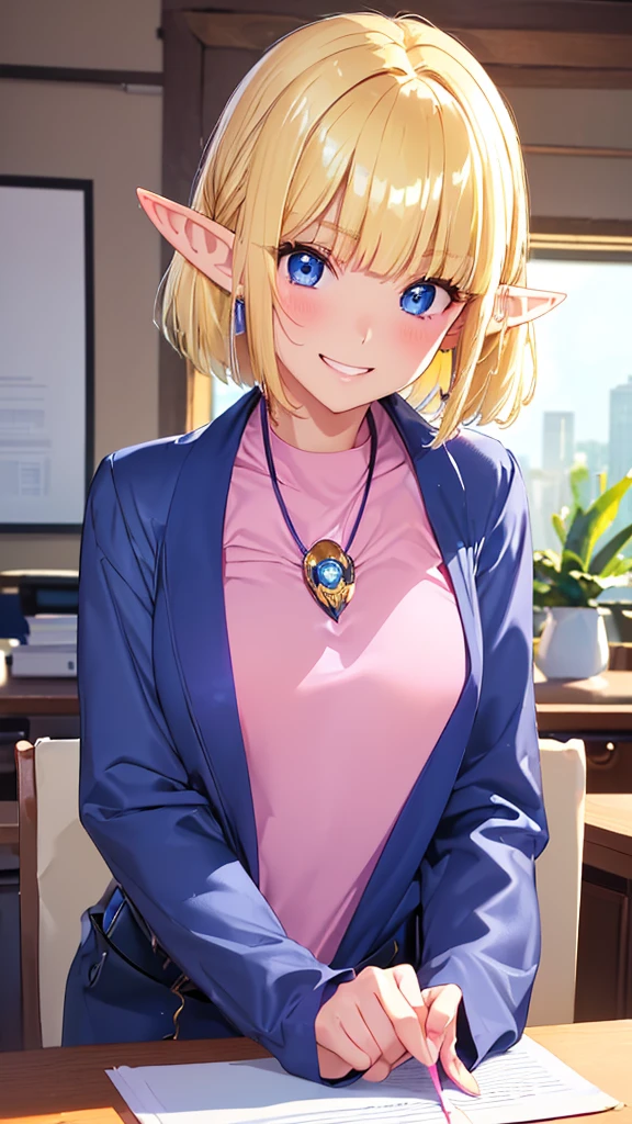 ((Very close))、((Focus on the upper body))、16k、masterpiece、High resolution、High resolution、((1 young elven female))、((Beautiful blonde))、short hair、((Beautiful Blue Eyes))、((Pointy Ears))、Smiling Kindly、Grin、blush、Pink Lip Gloss、((Shiny skin))、((Navy blue long sleeve business suit、Bolo tie))、((Business Office、desk、document))、