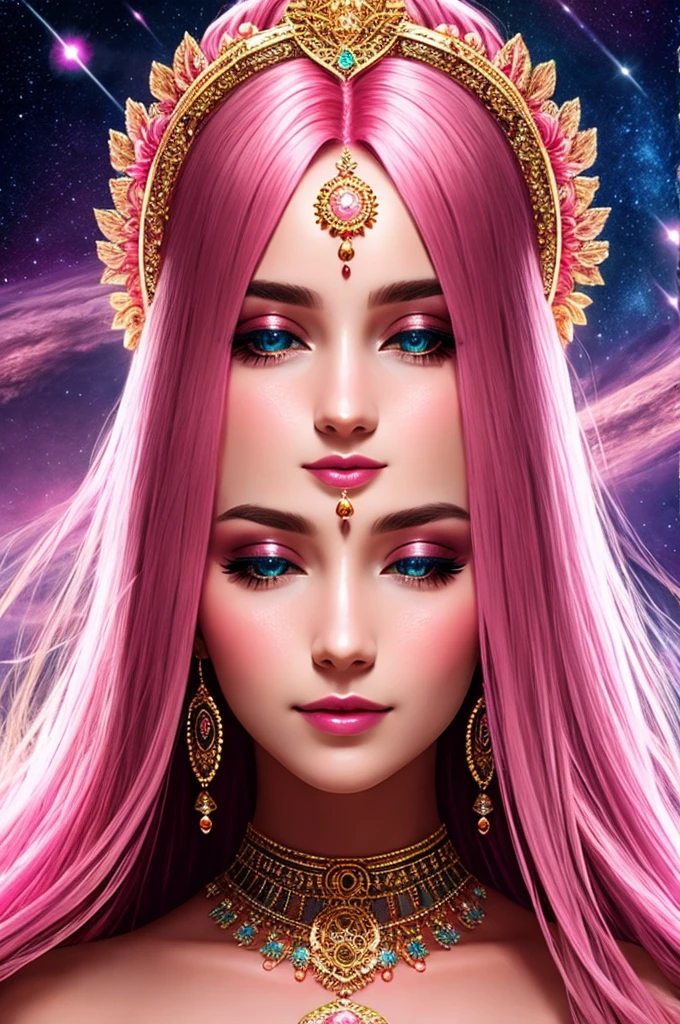Beautiful Goddess, Pink Hair Color, View your viewers, Symmetric, close your eyes, smile, Spiritual Awakening, Intricate details,
universe, Mysterious, Mysterious, Complex Environment, Strokes, Lighting light,Pink, masterpiece, Ultra-high resolution, high quality,