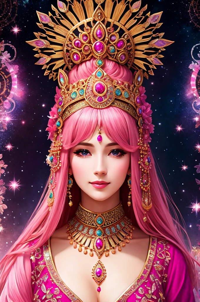 Beautiful Goddess, Pink Hair Color, View your viewers, Symmetric, close your eyes, smile, Spiritual Awakening, Intricate details,
universe, Mysterious, Mysterious, Complex Environment, Strokes, Lighting light,Pink, masterpiece, Ultra-high resolution, high quality,