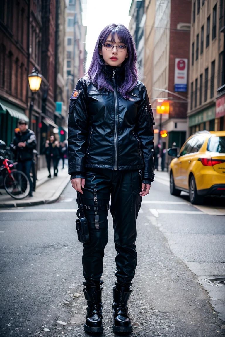 ((best quality)), ((masterpiece)), (detailed), perfect face, 1 girl, purple hair, blue beautiful eyes, tactical gear, military, black military pants, black military boots, black military jacket, military amor, city. Night, winter, glasses, (real、photorealistic、photorealistic: 1.37) soft lighting、roma、subtle shadow、intense colors、enchantingly illuminated、high contrast, full body