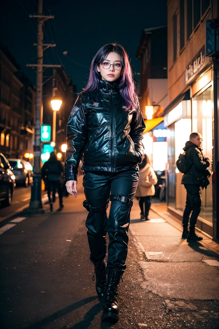 ((best quality)), ((masterpiece)), (detailed), perfect face, 1 girl, purple hair, blue beautiful eyes, tactical gear, military, black military pants, black military boots, black military jacket, military amor, city. Night, winter, glasses, (real、photorealistic、photorealistic: 1.37) soft lighting、roma、subtle shadow、intense colors、enchantingly illuminated、high contrast, full body