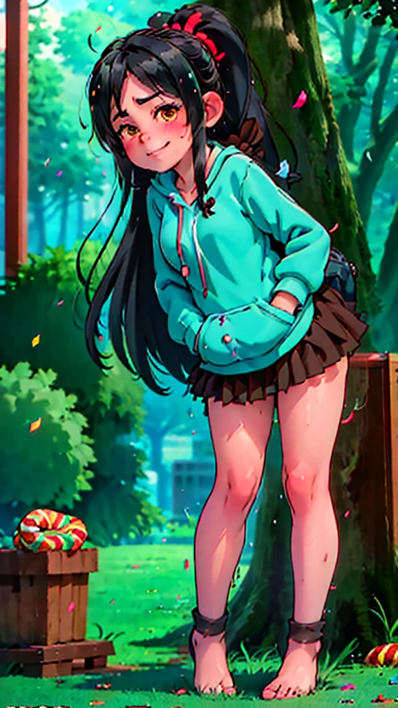 [Wreck_It_Ralph_Movie], ((masterpiece)), ((high quality)), ((HD)), ((beautiful portrait)), ((front view)), ((full body)), ((feet visible, visible feet, highly detailed feet, barefoot, masturbating,  nsfw)), ((beautiful background)), {vanellope von schweetz, black hair, red scrunchy, short ponytail, (candy in hair:1.2), (cute half-closed brown eyes), adult woman, beautiful legs, curvy hips, side-boobs, smug smirk, white teeth}, {(aqua sweatshirt), (brown tuffled skirt), (aqua striped pantyhose)}, {(standing on raceway), (hands in pockets), (looking at viewer)}, [Background: (racetrack), (confetti), (blue sky), (bright sun), (sun rays)]