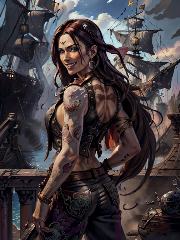 ((hyper-realistic illustration:1.4)), (dark fantasy), On bridge of ship. Sexy pirate lady, brunette, bandanna, earrings, leather vest, loose pants, boots, holding bottle of rum.((smile:1.2)). Masterpiece, best quality(highly detailed:1.2),(detailed face and eyes:1.2), depth of field, 8k wallpaper, natural lighting, core shadows, high contrast, bokeh.
