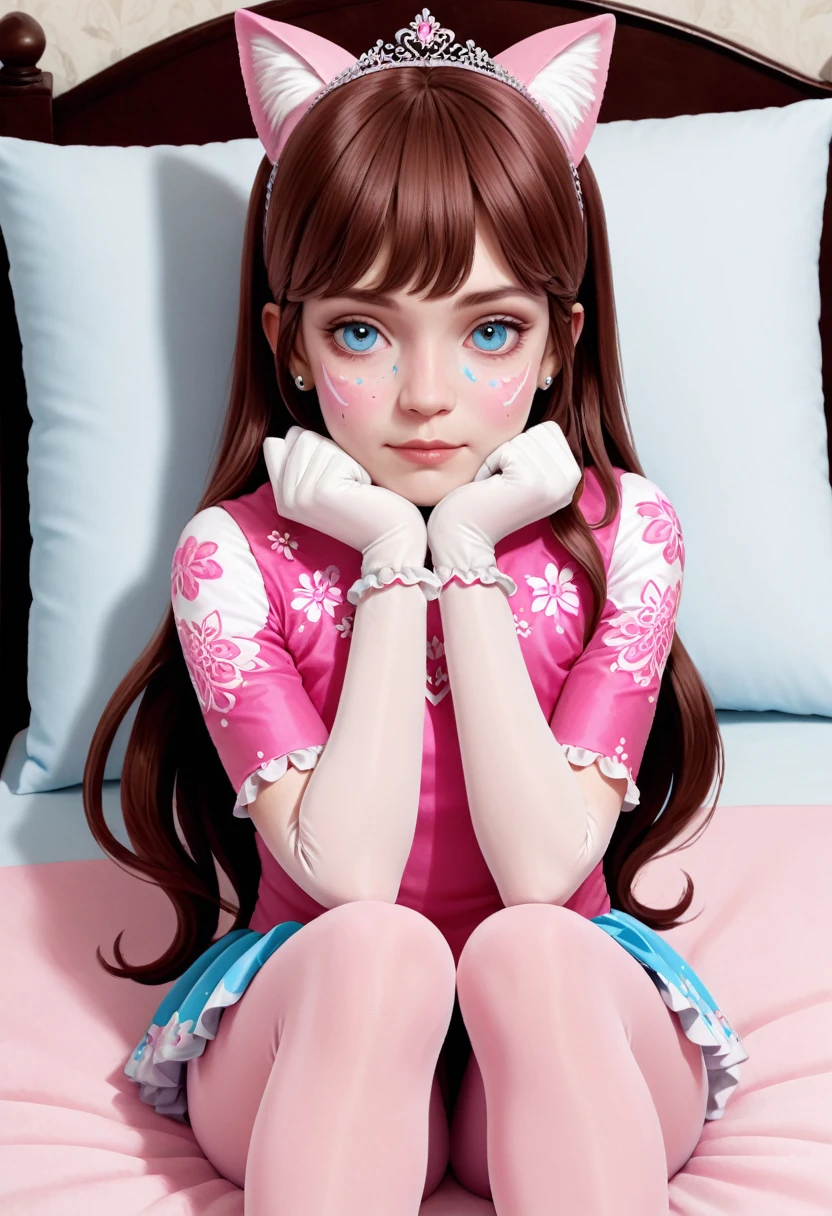 (Style-Princess, fflixbom, white and pink cat facepaint) (1 man, 1 catgirl) (hetero, couple) (crossdressing, fully clothed) (brown hair, blue eyes) (portrait) (women's clothes only) (women's beautifully feminine skintight velvet floral print frilly girly pink adorable ballet leotards) (white opaque tights, no shoes) (tiaras, pink shoulder-length silk gloves:1.3) (woman's bedroom, four-poster bed) (lying down, hugging, bending knee) (intimacy, playfulness, closeness)