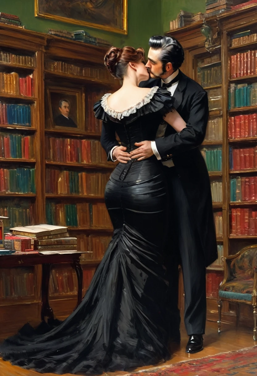 Full body view, a tall voluptuous buxom, fully figured, mature victorian widow in a black dress having some intimate hugs with a eldely gentleman in the library, by Jean Béraud, inspired by Jean Béraud, inspired by Édouard Detaille, edouard leon cortes, inspired by Ivan Kramskoi, inspired by Jean-Louis-Ernest Meissonier, by Édouard Detaille, inspired by Paul Émile Chabas