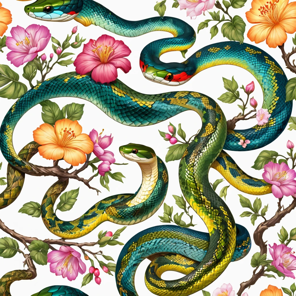 Pattern of colorful birds and flowers on white background, lots of snake, 盘绕的逼真snake, Repeating pattern, snake, Seamless pattern design, 與snake混合, Repeating Pattern, repeating fabric pattern, snake围绕着他们, highly detailed snake, snake for hair, snake身, snake艺术, her many snake as hair, snake的融合