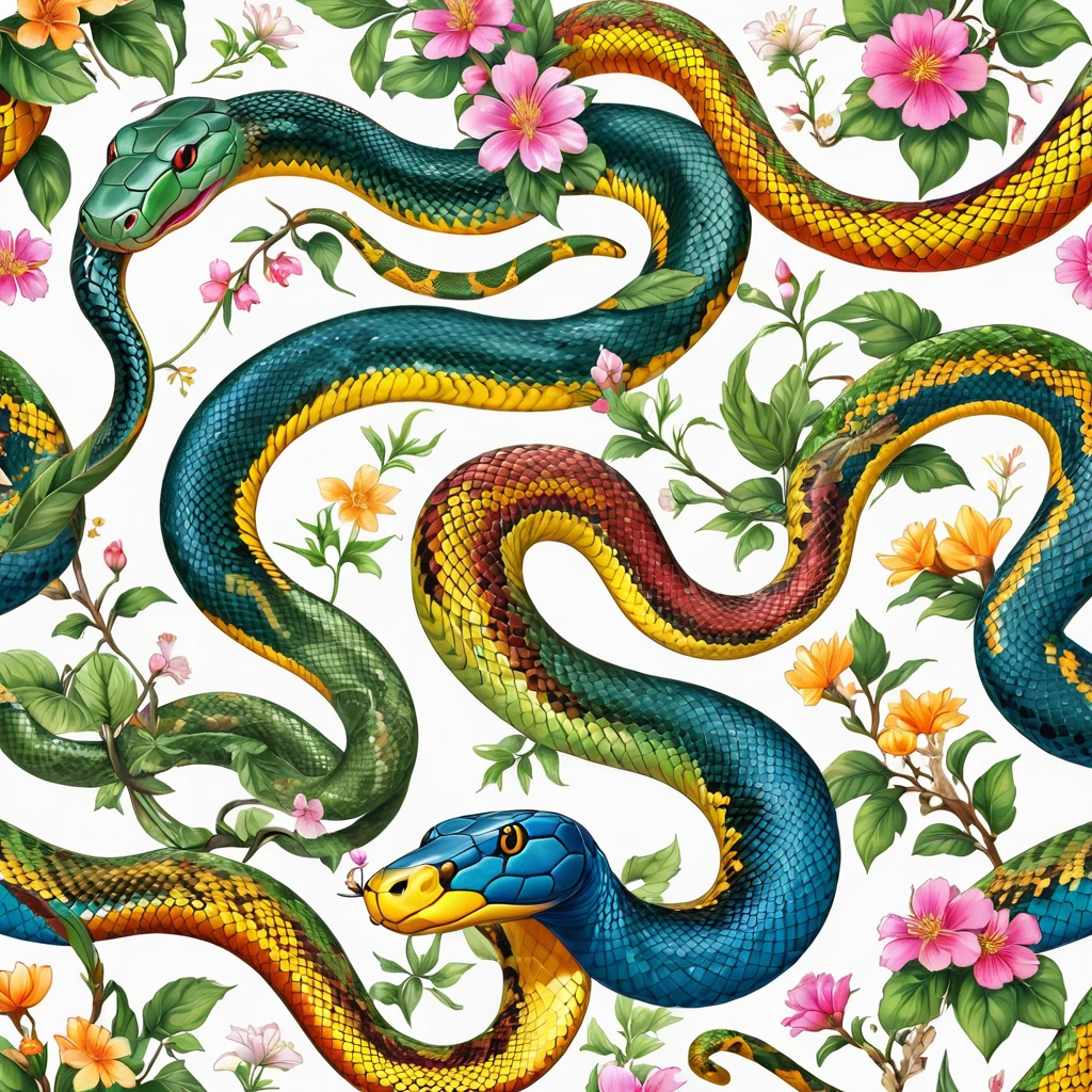Pattern of colorful birds and flowers on white background, lots of snake, 盘绕的逼真snake, Repeating pattern, snake, Seamless pattern design, 與snake混合, Repeating Pattern, repeating fabric pattern, snake围绕着他们, highly detailed snake, snake for hair, snake身, snake艺术, her many snake as hair, snake的融合