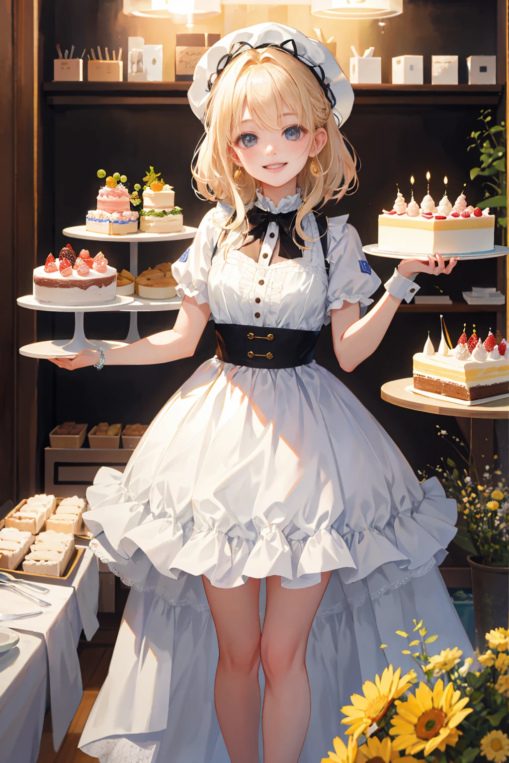 Photorealistic、Highest quality、Highest Resolution、Highest quality、8K、cute女性、Beautiful Face、One beautiful woman、Light Hair Color、cute、beautiful、The best smile、Cake shop、Looking at the cakes in the showcase、Shining eyes、Looks happy、