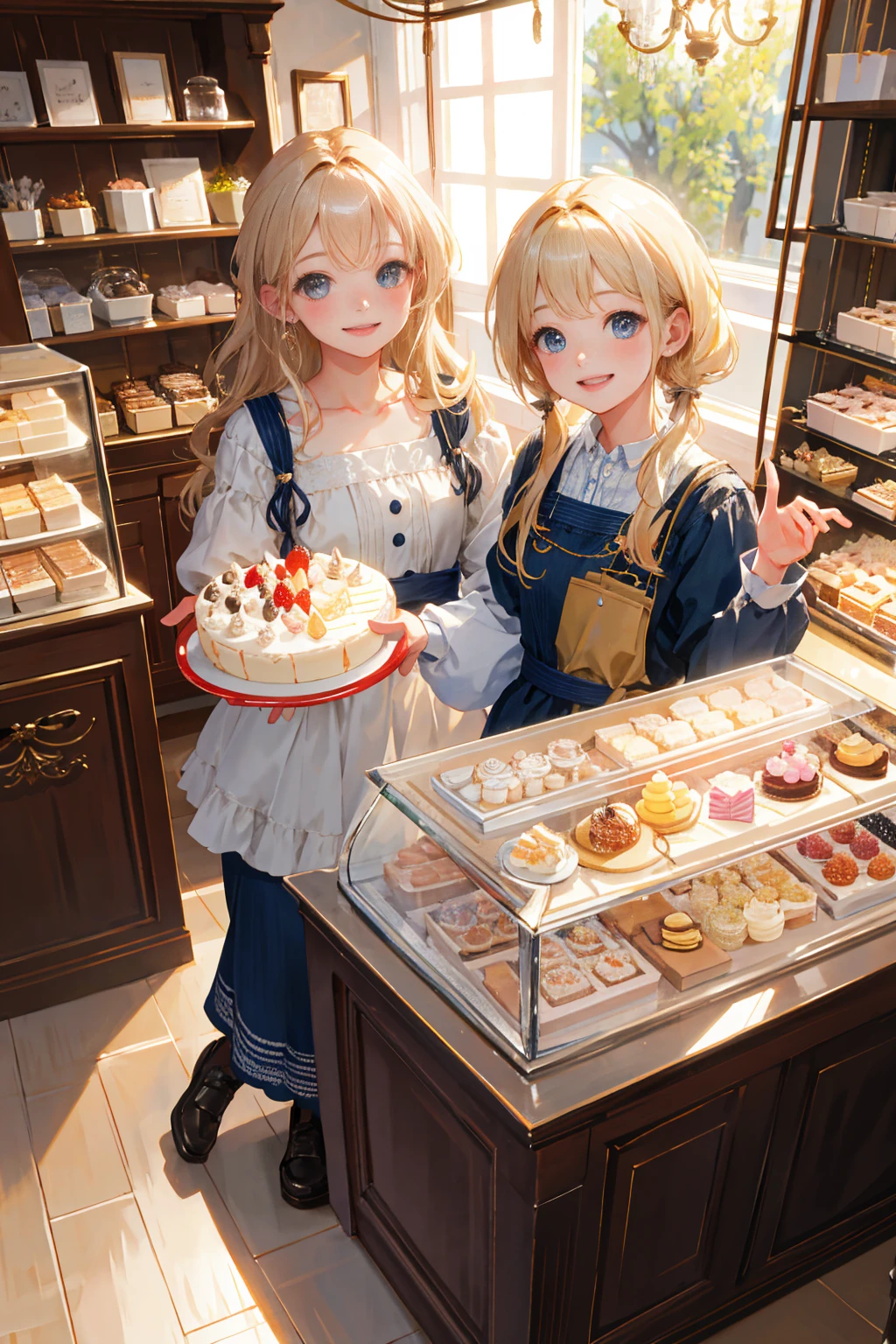 Photorealistic、Highest quality、Highest Resolution、Highest quality、８Ｋ、cute女性、Beautiful Face、One beautiful woman、Light Hair Color、cute、beautiful、The best smile、Cake shop、Looking at the cakes in the showcase、Shining eyes、Looks happy、