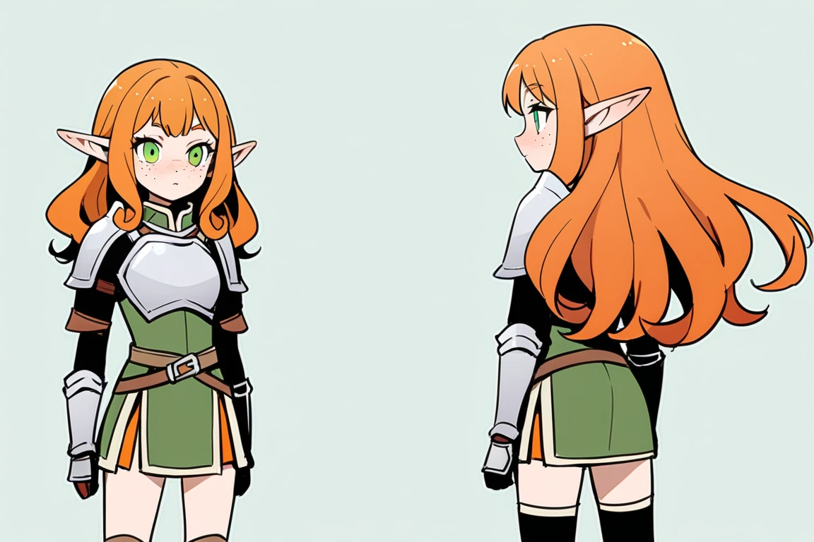 (The same character,front,side,back),Simple background,(whole body)girl,Orange hair,Long curly hair,Green eyes,Look ahead,Wearing armor,Freckles on the face,Elf ears,Short skirt,whole body像,Equal proportions,The same clothes