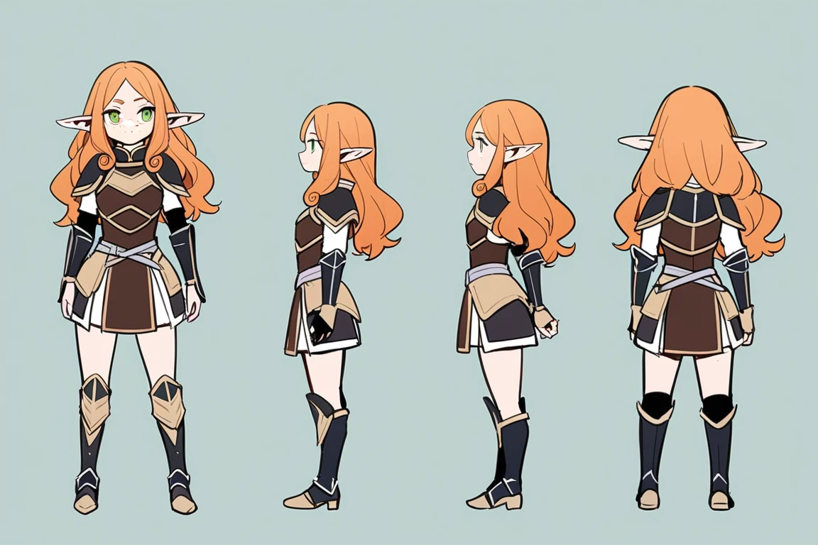 (The same character,front,side,back),Simple background,(whole body)girl,Orange hair,Long curly hair,Green eyes,Look ahead,Wearing armor,Freckles on the face,Elf ears,Short skirt,whole body像,Equal proportions,The same clothes