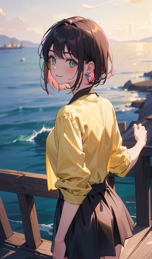 (8K), (Masterpiece), ((Show the whole body)), ((One mature woman, alone)), ((Bob Short Hair:2.0, Neat yellow blouse/shirt:2.0, Black Mini Skirt 2.0)), Neat clothes, Beautiful detailed hair, Brown brunette hair, Rounded chin, Beautifully detailed face, Perfect beautiful face, View your viewers, Smile, Mouth closed, Comfortable face, (Perfect beautiful eyes, Green Eyes), modern clothing, Quiet sea at dusk, ((The back hair inner color is pink)), ((Yellow earring in left ear))