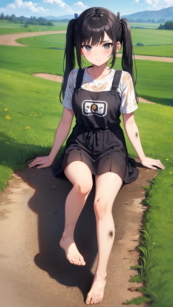 , young teen, barefoot, countryside, dirt road, black hair in pigtails, cowgirl, dirty