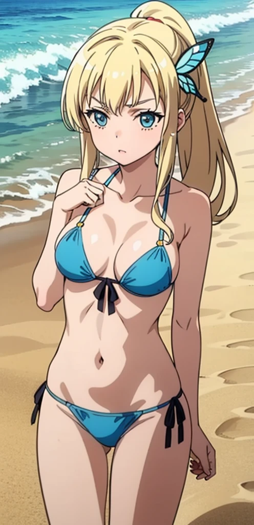 Seina Kashiwazaki, 1girl in, a blond, ponytail, butterfly hair ornament, (medium breast), Light blue micro bikini, (cowboy_shot), sand beach