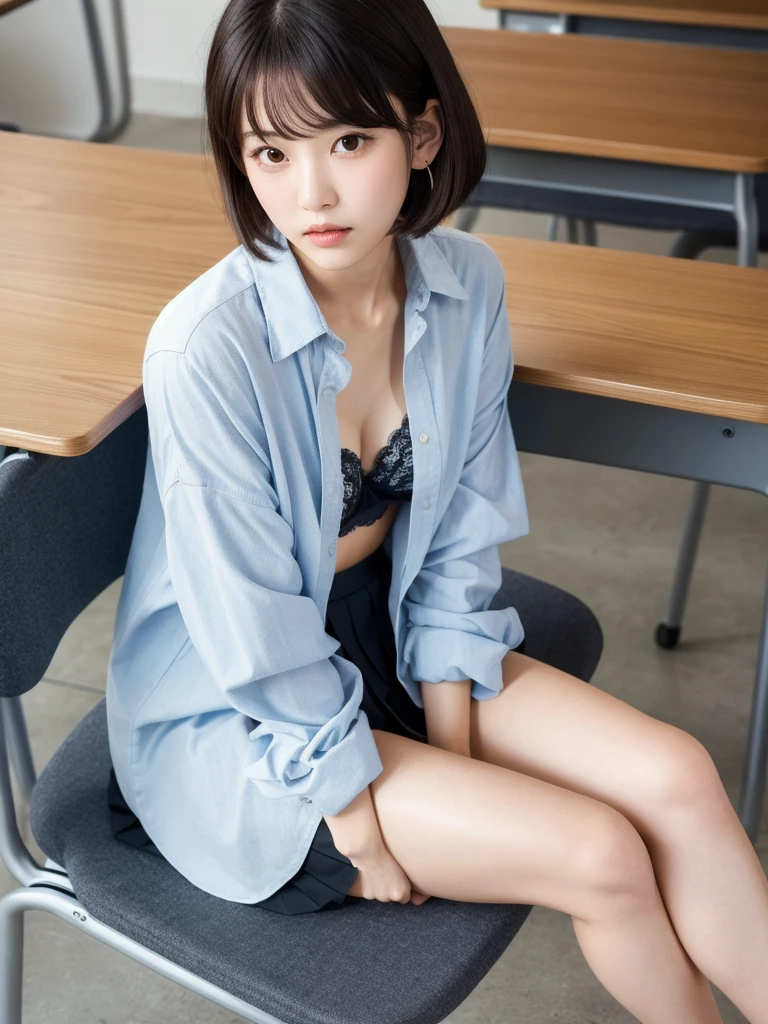 (8k, Photorealistic, Raw photo, Highest quality: 1.4),Japanese idol-style beautiful girl,1 person,,Hairstyle(Short Bob,Black,Disarray),She has her hair tucked behind her ears,Large, clear grey eyes,Long eyelashes,Plump Cheeks,Thin and delicate shoulders,Cute lace bra,thin abdomen,Open shirt(Unbutton the front and open it completely :1.4,Hemming out),(Pleated skirt),School classroom,(Sit on a chair with your legs wide open(Hands between legs,slouch)),(View from below),Full body portrait