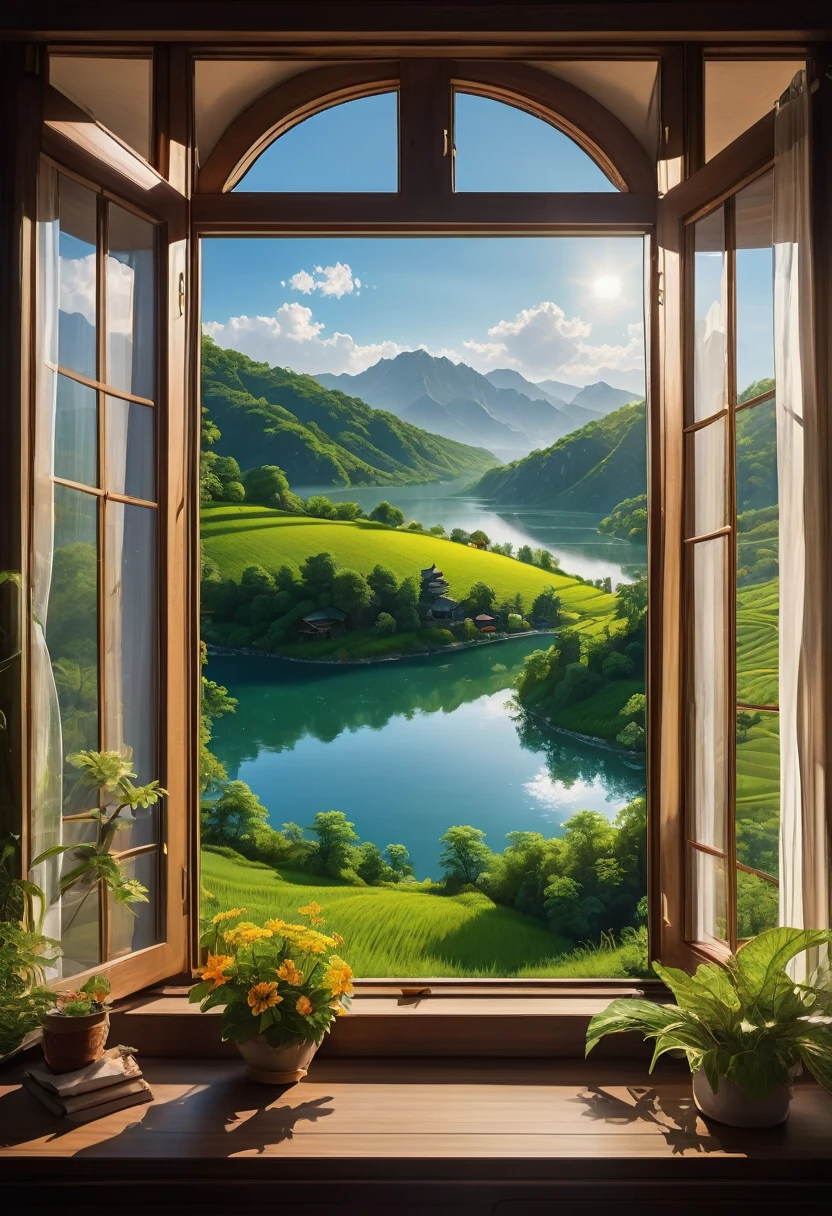 1girl, The View Outside the Window, (4k,8k,highres,:1.2),ultra-detailed,(realistic,photorealistic,photo-realistic:1.37),indoor view,window view,outside scene,outdoor scenery,breathtaking landscape,panoramic view,serene atmosphere,clear blue sky,rolling hills,green meadows,colorful flowers,trees swaying in the wind,sun shining brightly,golden sunlight streaming in through the window,glimmering lake in the distance,crystal-clear water,reflection of the sky on the water surface,lush forests,majestic mountains on the horizon,peaceful countryside,tranquil setting,quiet ambiance,gentle breeze rustling the leaves,morning mist over the fields,tiny birds chirping,soft rays of sunlight illuminating the room,nature's beauty at your doorstep,serenity of the outside world,boundless beauty right outside the window . masterpiece, best quality, very aesthetic, absurdres, aesthetic