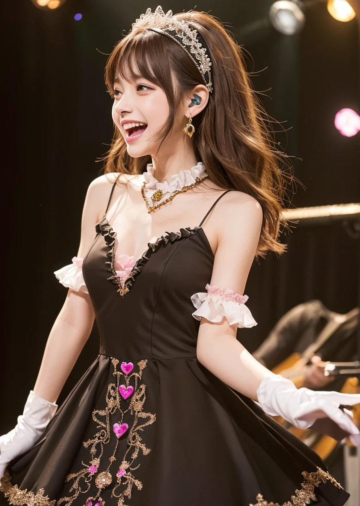 profile、Turned around、Butt,Flat Chest、(Slim body)、((Slim body))、Long Hair,Straight Bangs,Embarrassing,masterpiece,diamond、Earrings,background of fantasy,(((Brown Hair)))、 hair ornaments,Headband,Brown Hair, dress, ((ピンクと水色のdress, Frillsのdress)), Ruffled gloves, Frills, gloves, Heart Brooch, Idol, Idol clothes, jewelry, Pink gloves, ribbon, looking at viewer,Indoor break,break (Tabletop:1.2), Highest quality, High resolution, unity 8k wallpaper, (shape:0.8), (Beautiful details:1.6), Highly detailed face, Perfect lighting, Extremely detailed CG, (Perfect hands, Perfect Anatomy),Laughing with your mouth open、Concert Venues、live house、stage、Cowboy Shot