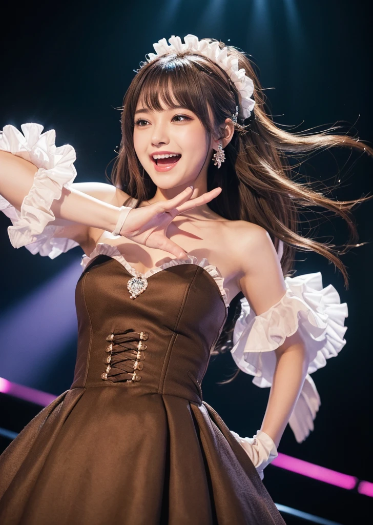 profile、Turned around、Butt,Flat Chest、(Slim body)、((Slim body))、Long Hair,Straight Bangs,Embarrassing,masterpiece,diamond、Earrings,background of fantasy,(((Brown Hair)))、 hair ornaments,Headband,Brown Hair, dress, ((ピンクと水色のdress, Frillsのdress)), Ruffled gloves, Frills, gloves, Heart Brooch, Idol, Idol clothes, jewelry, Pink gloves, ribbon, looking at viewer,Indoor break,break (Tabletop:1.2), Highest quality, High resolution, unity 8k wallpaper, (shape:0.8), (Beautiful details:1.6), Highly detailed face, Perfect lighting, Extremely detailed CG, (Perfect hands, Perfect Anatomy),Laughing with your mouth open、Concert Venues、live house、stage、Cowboy Shot