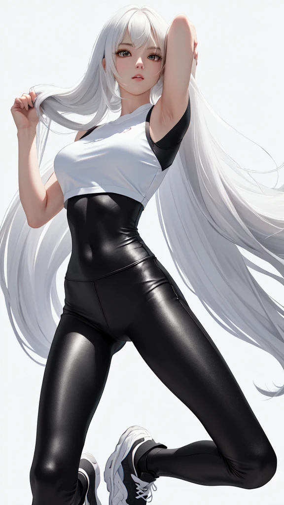 (full-body shot:1.2), ( Black leather leggings:1.25), (Black leather sports:1.2),
(Become a:1.2),masterpiece, (best quality),(extremely detailed eyes and face),extremely detailed CG unity 8k wallpaper,best quality,(Perfect details:1.2),
1 female, (detailed:1.2), (Practical:1.2), (permanent:1.1), (full-body shot:1.2), (outdoor:1.1),(Skinny:1.5), beautiful view,(Long legs:1.1), Beautiful legs,
Young wife,(White long hair:1.2), Long Straight Hair, (Straight Hair:1.3),sports shoes，
(White background:1.5), Monotone background,(emptyhands:1.1),(Ruthless:1.2),(emptyhands:1.3),
