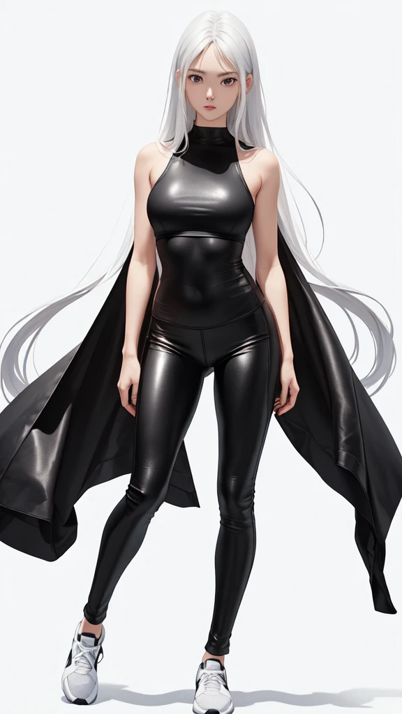 (full-body shot:1.2), ( Black leather leggings:1.25), (Black leather sports:1.2),
(Become a:1.2),masterpiece, (best quality),(extremely detailed eyes and face),extremely detailed CG unity 8k wallpaper,best quality,(Perfect details:1.2),
1 female, (detailed:1.2), (Practical:1.2), (permanent:1.1), (full-body shot:1.2), (outdoor:1.1),(Skinny:1.5), beautiful view,(Long legs:1.1), Beautiful legs,
Young wife,(White long hair:1.2), Long Straight Hair, (Straight Hair:1.3),sports shoes，
(White background:1.5), Monotone background,(emptyhands:1.1),(Ruthless:1.2),(emptyhands:1.3),
