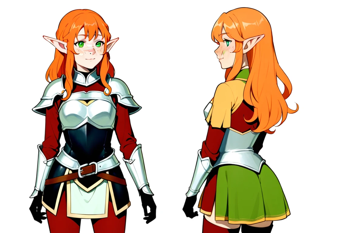 （The same character，front，side，back），Simple background，（whole body）girl，Orange hair，Long curly hair，Green eyes，Look ahead，Wearing armor，Freckles on the face，Elf ears，Short skirt，whole body像，Equal proportions，The same clothes