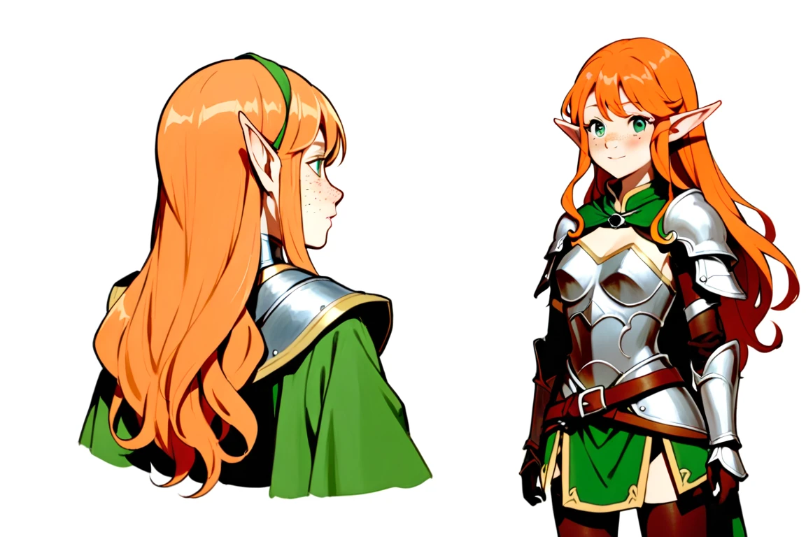 (The same character,front,side,back),Simple background,(whole body)girl,Orange hair,Long curly hair,Green eyes,Look ahead,Wearing armor,Freckles on the face,Elf ears,Short skirt,whole body像,Equal proportions,The same clothes