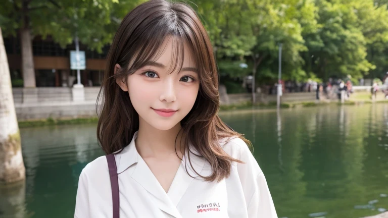 Produce the highest quality and highest resolution 8K images。The model is a 20-year-old Japanese woman.。Draw the whole body of a woman。Please draw an image of a smiling person taking a commemorative photo at a tourist spot.。Please draw the whole body of the model。She has brown eyes and a model figure.、She has an idol-level cute face.。The hair is wavy。Skin has a healthy color。Clothes、I'm wearing early summer clothes。