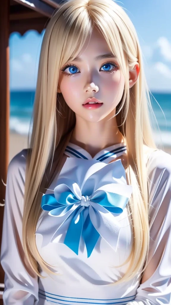 Beautiful girl with a pretty face、beautiful blonde straight super long hair、Half Body Shot、Beautiful long bangs hanging over the face、Very beautiful, bright, pale sky blue eyes、Very big eyes、Blonde hair between the eyes、Round face、Blonde hair above the eyes、片Blonde hair above the eyes、、Sailor suit、Very white and young skin、Cheek gloss、Cheek highlighter、Small Face Beauty