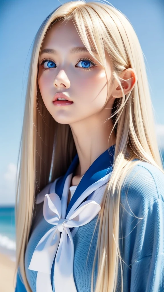 Beautiful girl with a pretty face、beautiful blonde straight super long hair、Half Body Shot、Beautiful long bangs hanging over the face、Very beautiful, bright, pale sky blue eyes、Very big eyes、Blonde hair between the eyes、Round face、Blonde hair above the eyes、片Blonde hair above the eyes、、Sailor suit、Very white and young skin、Cheek gloss、Cheek highlighter、Small Face Beauty